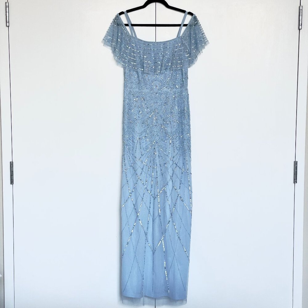 Adrianna Papell | Light blue beaded off the shoulder ruffle maxi gown | Sz 6 NWT